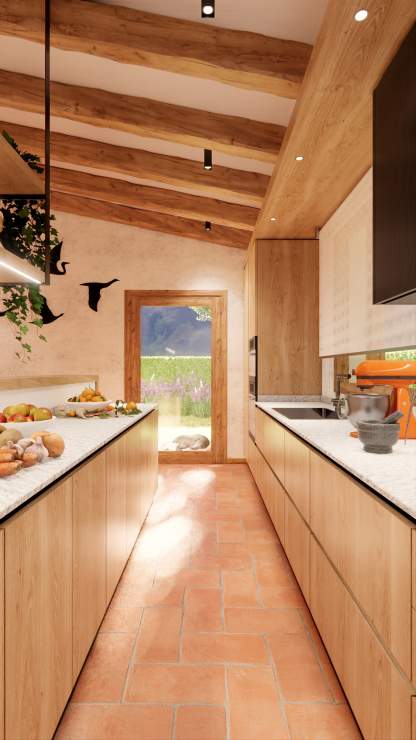 Cucina lineare doppia in rovere