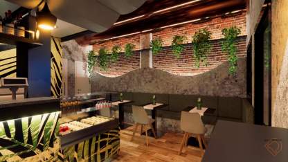 Restyling sala banco bar con colorazioni materiche