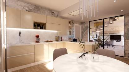 Progetto cucina su misura con tavolo pranzo
