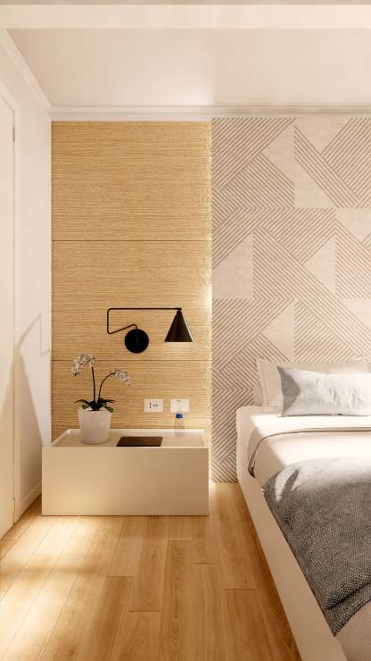Testiera letto con legno e carta da parati