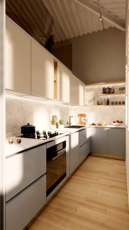 Cucina angolare dai colori tenui