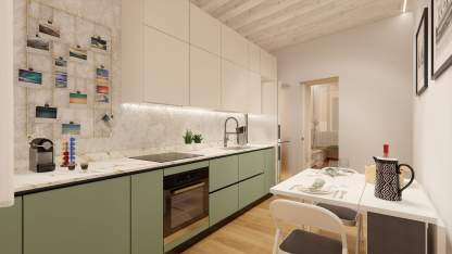 Cucina lineare con basi colorati e pensili bianchi