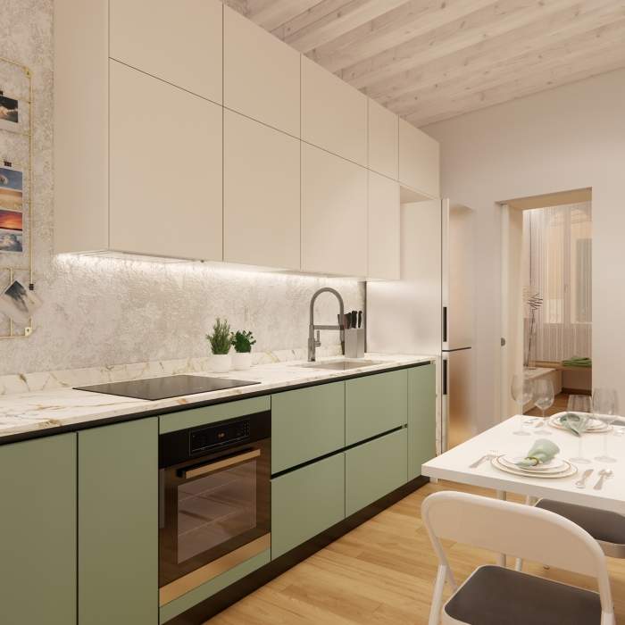 Cucina lineare e consolle aperta