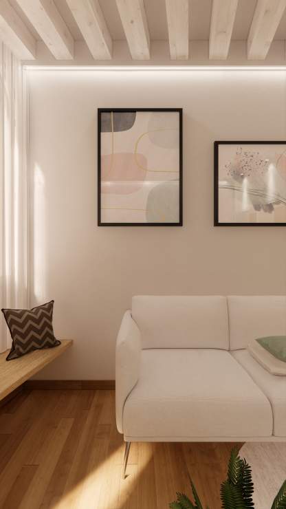 Divano bianco e panca in legno